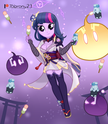 Size: 1738x1995 | Tagged: safe, artist:tabrony23, imported from derpibooru, twilight sparkle, human, equestria girls, beautiful, breasts, clothes, cosplay, costume, crossover, cute, dress, ei (genshin impact), female, food, genshin impact, looking at you, milk, miyuki sawashiro, patreon, patreon logo, raiden shogun (genshin impact), sandals, shoes, slimes (genshin impact), smiling, smiling at you, solo, stockings, thigh highs, video game crossover, voice actor joke