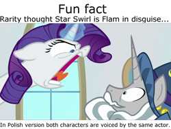 Size: 1920x1440 | Tagged: safe, edit, imported from derpibooru, screencap, rarity, star swirl the bearded, pony, unicorn, friendship university, season 8, spoiler:s08, female, fun fact, glowing, glowing horn, great moments in animation, horn, implied flam, male, mare, mind blown, mind screw, polish, shouting rarity, stallion, voice actor joke, wojciech paszkowski