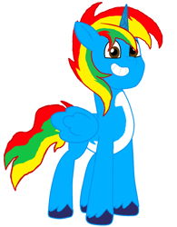 Size: 800x1024 | Tagged: safe, artist:shield-wing1996, imported from derpibooru, oc, oc only, oc:shield wing, alicorn, pony, alicorn oc, base used, feathered wings, folded wings, full body, g5, grin, horn, male, my little pony: tell your tale, simple background, smiling, solo, stallion, tail, unshorn fetlocks, white background, wings