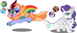 Size: 3813x1662 | Tagged: safe, artist:interstellar-quartz, imported from derpibooru, capper dapperpaws, rain shine, rainbow dash, rarity, oc, abyssinian, hybrid, kirin, pegasus, pony, unicorn, colored sclera, eyeshadow, female, grin, interspecies offspring, magical lesbian spawn, makeup, male, mare, offspring, open mouth, parent:capper dapperpaws, parent:rain shine, parent:rainbow dash, parent:rarity, parents:capperity, rainbow, simple background, smiling, transparent background