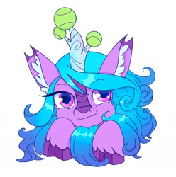 Size: 1837x1850 | Tagged: safe, artist:saphypone, imported from derpibooru, izzy moonbow, kirin, ball, bust, g5, horn, hornball, izzy's tennis ball, kirin-ified, portrait, simple background, smiling, solo, species swap, tennis ball, white background