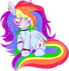 Size: 1618x1656 | Tagged: safe, artist:cutiesparke, imported from derpibooru, rainbow dash, pegasus, pony, alternate cutie mark, alternate hairstyle, blushing, bracelet, chest fluff, choker, ear piercing, earring, female, freckles, jewelry, lidded eyes, piercing, pouting, raised hoof, shading, solo