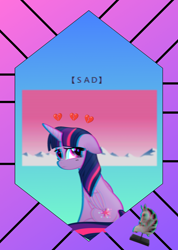 Size: 800x1122 | Tagged: safe, artist:dirtyker, imported from derpibooru, twilight sparkle, alicorn, pony, my little pony: the movie, floppy ears, sad, solo, twilight sparkle (alicorn), vaporwave