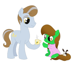 Size: 2048x1701 | Tagged: safe, artist:dyonys, imported from derpibooru, oc, oc only, oc:high current, oc:lucky brush, earth pony, pony, clothes, female, filly, foal, freckles, grandfather, grandparent and grandchild moment, male, milk, nightgown, plushie, simple background, transparent background, wholesome