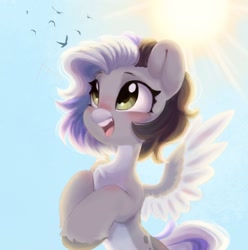 Size: 1189x1200 | Tagged: safe, artist:melodylibris, imported from derpibooru, oc, oc only, pegasus, pony, blushing, cute, female, mare, ocbetes, open mouth, open smile, smiling, solo, spread wings, sun, sunlight, wings