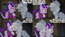 Size: 1280x720 | Tagged: safe, edit, edited screencap, editor:quoterific, imported from derpibooru, screencap, applejack, snowfall frost, spirit of hearth's warming past, starlight glimmer, earth pony, pony, unicorn, a hearth's warming tail, season 6, duo, eyes closed, female, mare, open mouth, open smile, shrunken pupils, smiling, text