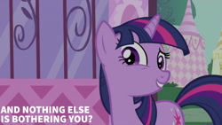 Size: 1280x720 | Tagged: safe, edit, edited screencap, editor:quoterific, imported from derpibooru, screencap, twilight sparkle, pony, unicorn, lesson zero, season 2, carousel boutique, female, mare, smiling, solo, text, unicorn twilight