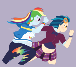 Size: 1800x1596 | Tagged: safe, artist:necrofeline, imported from derpibooru, indigo zap, rainbow dash, human, series:the big run, equestria girls, friendship games, belly, belly blush, belly expansion, bracelet, breasts, busty rainbow dash, chubby, clothes, duo, duo female, ear piercing, earring, fat, female, goggles on head, grin, growth, indigo zapped, jewelry, lavender background, piercing, pudgy, rainblob dash, sequence, simple background, smiling, stomach noise, wardrobe malfunction, weight gain, weight gain sequence