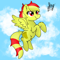 Size: 2048x2048 | Tagged: safe, artist:jay_wackal, imported from derpibooru, oc, oc only, oc:marmalade, pegasus, pony, cloud, flying, pegasus oc, raised hoof