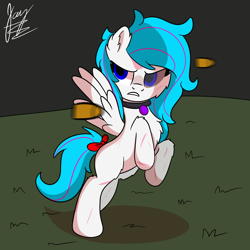 Size: 2048x2048 | Tagged: safe, artist:jay_wackal, imported from derpibooru, oc, oc only, pegasus, pony, bow, bullet, choker, fight, hair bow, pegasus oc, pegasus wings, shooting, wings