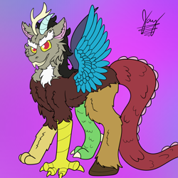 Size: 2048x2048 | Tagged: safe, artist:jay_wackal, imported from derpibooru, discord, draconequus, all fours, chaos, chest fluff, dragon tail, ear fluff, high res, hooves, horns, male, purple background, quadrupedal, simple background, solo, spread wings, tail, talons, wings