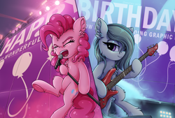 Size: 3094x2089 | Tagged: safe, artist:zeepheru_pone, imported from derpibooru, marble pie, pinkie pie, earth pony, pony, bass guitar, bipedal, chest fluff, duo, duo female, ear fluff, eyes closed, female, guitar, high res, lights, mare, microphone, musical instrument, singing, smiling, spotlight