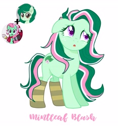 Size: 3245x3464 | Tagged: safe, artist:mint-light, artist:vernorexia, imported from derpibooru, minty, wallflower blush, oc, oc:mintleaf blush, earth pony, pony, :o, base used, clothes, colored eyelashes, colored pupils, floppy ears, fusion, g3, g3 to g4, g4, generation leap, green coat, green mane, long mane, multicolored mane, open mouth, pink mane, purple eyes, show accurate, simple background, socks, solo, striped socks, that pony sure does love socks, white background, worried