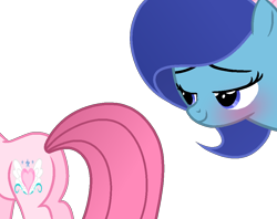 Size: 956x756 | Tagged: safe, artist:tanahgrogot, imported from derpibooru, oc, oc:annisa trihapsari, oc:starnight, earth pony, pony, annibutt, base used, bedroom eyes, blushing, butt, duo, duo female, female, lesbian, looking at butt, mare, plot, pygophilia, simple background, smiling, tail, transparent background