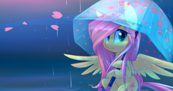 Size: 2400x1256 | Tagged: safe, artist:meekcheep, imported from derpibooru, fluttershy, pegasus, pony, cute, female, hoof hold, mare, rain, shyabetes, solo, spread wings, sweet dreams fuel, umbrella, water, wings