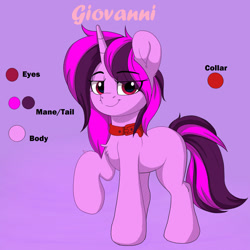 Size: 1280x1280 | Tagged: safe, artist:joaothejohn, imported from derpibooru, oc, oc only, oc:giovanni, pony, unicorn, collar, commission, cute, full body, horn, looking at you, raised hoof, red collar, reference sheet, simple background, smiling, smiling at you, solo, standing, unicorn oc