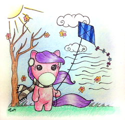 Size: 2260x2176 | Tagged: safe, artist:emfen, imported from derpibooru, earth pony, pony, autumn, bipedal, clothes, cloud, earmuffs, finger, g1, kite, kite flying, leaves, outdoors, pink coat, pinky, purple hair, scarf, solo, striped scarf, sun, takara pony, traditional art, tree, wind, windswept mane