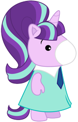 Size: 406x639 | Tagged: safe, artist:cloudy glow, imported from derpibooru, starlight glimmer, pony, unicorn, bangs, bipedal, chibi, clothes, cute, dress, finger, g1, g4, g4 to g1, g4 to takara, generation leap, glimmerbetes, japanese, necktie, ponytail, simple background, solo, takara pony, transparent background