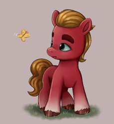 Size: 704x768 | Tagged: safe, artist:malarkey, imported from derpibooru, sprout cloverleaf, butterfly, earth pony, pony, colt, colt sprout cloverleaf, cute, foal, g5, male, my little pony: a new generation, simple background, solo, sproutbetes, younger