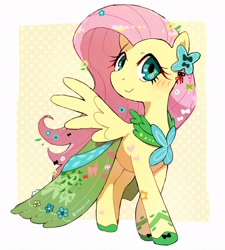 Size: 1968x2184 | Tagged: safe, artist:fuyugi, imported from derpibooru, fluttershy, pegasus, pony, abstract background, blushing, clothes, cute, dress, female, gala dress, looking at you, mare, shyabetes, smiling, smiling at you, solo, spread wings, wings