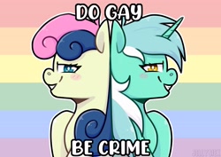 Size: 4093x2894 | Tagged: safe, artist:jellysketch, imported from derpibooru, bon bon, lyra heartstrings, sweetie drops, earth pony, pony, unicorn, back to back, be gay do crimes, bedroom eyes, blushing, do gay be crimes, duo, duo female, female, gay pride flag, grin, high res, lesbian, lyrabon, mare, meme, pride, pride flag, shipping, signature, smiling