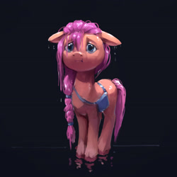 Size: 2986x2989 | Tagged: safe, artist:inkhooves, imported from derpibooru, sunny starscout, earth pony, pony, black background, female, floppy ears, g5, mare, simple background, solo, unshorn fetlocks, wet, wet mane
