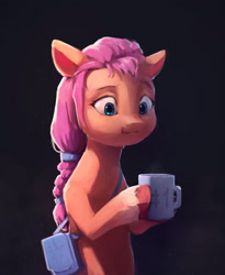 Size: 2825x3449 | Tagged: safe, artist:inkhooves, imported from derpibooru, sunny starscout, earth pony, pony, black background, female, g5, holding, mare, mug, simple background, solo, unshorn fetlocks