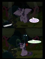 Size: 1042x1358 | Tagged: safe, artist:dendoctor, imported from derpibooru, mean twilight sparkle, queen chrysalis, twilight sparkle, alicorn, changeling, pony, comic:clone.., alternate universe, clone, comic, female, tree, twilight sparkle (alicorn)