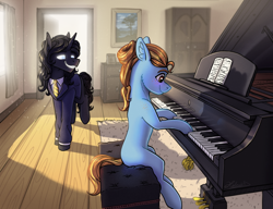 Size: 3238x2484 | Tagged: safe, artist:helmie-art, imported from derpibooru, oc, oc only, earth pony, pony, unicorn, clothes, musical instrument, piano, sitting, suit