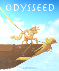 Size: 562x675 | Tagged: safe, artist:shaslan, imported from derpibooru, applejack, pony, fanfic:odysseed, cloud, cover art, fanfic art, ocean, sailing, ship, sky, solo, sunlight, water