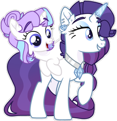 Size: 1906x1980 | Tagged: safe, artist:rickysocks, imported from derpibooru, rarity, sweetie belle, pony, unicorn, alternate design, base used, duo, ear piercing, eyebrows, eyebrows visible through hair, horn, horn cap, horn jewelry, jewelry, piercing, ponies riding ponies, raised hoof, riding, simple background, sweetie belle riding rarity, transparent background