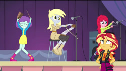 Size: 1920x1080 | Tagged: safe, artist:bigpurplemuppet99, imported from derpibooru, blueberry pie, derpy hooves, raspberry fluff, sunset shimmer, human, equestria girls, rainbow rocks, bell, cowbell, microphone, microphone stand, musical instrument, musical saw, speaker, the muffins, triangle