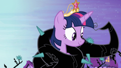 Size: 1920x1080 | Tagged: safe, imported from derpibooru, screencap, twilight sparkle, alicorn, pony, princess twilight sparkle (episode), big crown thingy, black vine, coils, element of magic, female, horn, jewelry, mare, ponyville, regalia, smiling, twilight sparkle (alicorn)