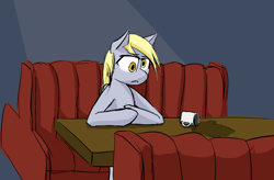 Size: 3296x2160 | Tagged: safe, artist:hovel, imported from derpibooru, derpy hooves, pegasus, pony, eyebrows, eyebrows visible through hair, female, high res, mare, meme, missing identity, mug, restaurant, simple background, sitting, sketch, solo, spill, spongebob squarepants