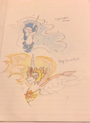 Size: 1497x2048 | Tagged: safe, artist:tiga mega, imported from derpibooru, daybreaker, nightmare moon, alicorn, pony, bust, duo, duo female, female, horn, lined paper, mare, text, traditional art, wings