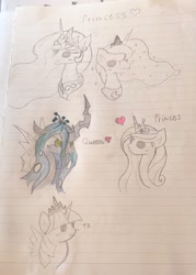 Size: 1463x2048 | Tagged: safe, artist:tiga mega, imported from derpibooru, princess cadance, princess celestia, princess luna, queen chrysalis, twilight sparkle, alicorn, changeling, changeling queen, pony, bust, female, heart, lined paper, mare, smiling, text, traditional art, twilight sparkle (alicorn)