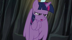 Size: 1280x720 | Tagged: safe, imported from derpibooru, screencap, twilight sparkle, alicorn, pony, season 4, twilight's kingdom, bipedal, cramped, featureless crotch, female, mare, open mouth, solo, stuck, twilight sparkle (alicorn), twilight sparkle is not amused, unamused