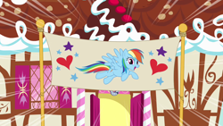 Size: 1280x720 | Tagged: safe, imported from derpibooru, screencap, rainbow dash, pegasus, pony, pinkie pride, season 4, banner, cute, dashabetes, female, happy, mare, solo, sugarcube corner