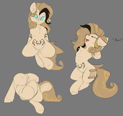 Size: 1585x1482 | Tagged: safe, artist:beardie, imported from derpibooru, oc, oc only, oc:hyra glyph, earth pony, pony, chest fluff, crossed legs, female, flexible, hips, mare, simple background, solo, tattoo, womb tattoo