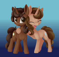 Size: 2732x2630 | Tagged: safe, artist:dusthiel, imported from derpibooru, oc, oc only, oc:buttercup shake, oc:noza, pony, unicorn, duo, female, gradient background, hug, mare