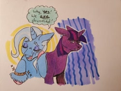 Size: 640x480 | Tagged: safe, artist:combustionbunny, imported from derpibooru, trixie, twilight sparkle, pony, unicorn, bracelet, divorce, duo, ear fluff, ears back, implied lesbian, implied shipping, implied twixie, jewelry, shipping denied, traditional art, wat