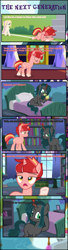 Size: 1877x6867 | Tagged: safe, artist:shootingstarsentry, imported from derpibooru, oc, oc only, oc:nightshade (digimonlover101), oc:opulence, oc:star curve, changepony, hybrid, pony, unicorn, comic:the next generation, book, bookshelf, comic, cupcake, female, food, interspecies offspring, mare, offspring, parent:king sombra, parent:prince blueblood, parent:queen chrysalis, parent:starlight glimmer, parent:sunburst, parents:chrysombra, parents:starburst