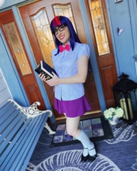 Size: 1080x1350 | Tagged: safe, artist:briannacherrycosplay, imported from derpibooru, twilight sparkle, human, equestria girls, book, clothes, cosplay, costume, glasses, irl, irl human, photo, shoes, socks, solo