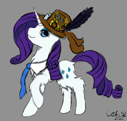 Size: 869x832 | Tagged: safe, artist:lefi32, imported from derpibooru, rarity, pony, unicorn, chest fluff, colored sketch, eyeshadow, fluffy, hat, makeup, necktie, raised hoof, smiling, solo, steampunk