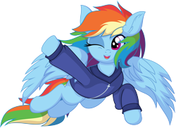 Size: 7831x5709 | Tagged: safe, artist:cyanlightning, imported from derpibooru, rainbow dash, pegasus, pony, .svg available, absurd resolution, clothes, female, flying, hoodie, looking down, mare, one eye closed, simple background, smiling, solo, spread wings, transparent background, vector, waving, wings