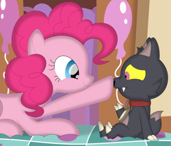 Size: 3539x3014 | Tagged: safe, artist:porygon2z, imported from derpibooru, pinkie pie, earth pony, pony, boop, collar, crossover, cute, hilarious in hindsight, king clawthorne, movie accurate, pet tag, the owl house, titan, unmasked