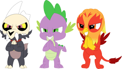 Size: 3560x2002 | Tagged: safe, artist:porygon2z, imported from derpibooru, spike, oc, oc:heatwave, dragon, griffon, broken horn, collar, crossover, evil grin, griffon oc, grin, hands together, high res, horn, king clawthorne, male, pet tag, porygon2z's trio, show accurate, simple background, skull, smiling, spread wings, the owl house, titan, transparent background, trio, trio male, wings