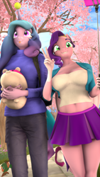 Size: 2160x3840 | Tagged: safe, artist:donglysfm, imported from derpibooru, izzy moonbow, pipp petals, anthro, pegasus, unicorn, 3d, :p, backpack, ball, belly button, breasts, busty izzy moonbow, busty pipp petals, cellphone, chubby, clothes, coat markings, cute, g4, g5, g5 to g4, generation leap, high heels, high res, horn, horn impalement, hornball, iphone, izzy's tennis ball, izzybetes, jeans, jewelry, midriff, mlem, nail polish, pants, peace sign, phone, pipp is short, plushie, revamped anthros, selfie stick, shoes, silly, skirt, smartphone, socks (coat markings), source filmmaker, sweater, tennis ball, tiara, tongue out