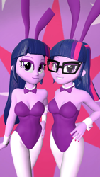 Size: 900x1600 | Tagged: safe, artist:oatmeal!, imported from derpibooru, sci-twi, twilight sparkle, human, equestria girls, 3d, bowtie, breasts, bunny ears, bunny suit, busty sci-twi, busty twilight sparkle, cleavage, clothes, crossed legs, cuffs (clothes), cutie mark, cutie mark background, duo, duo female, female, glasses, gmod, grin, hand on hip, leotard, looking at you, pantyhose, playboy bunny, sexy, smiling, twilight sparkle (alicorn), twolight