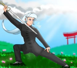 Size: 1080x946 | Tagged: safe, artist:lencai123, imported from derpibooru, trixie, human, female, frown, humanized, jian, paifang, solo, sword, torii, tàijíquán, weapon, wushu